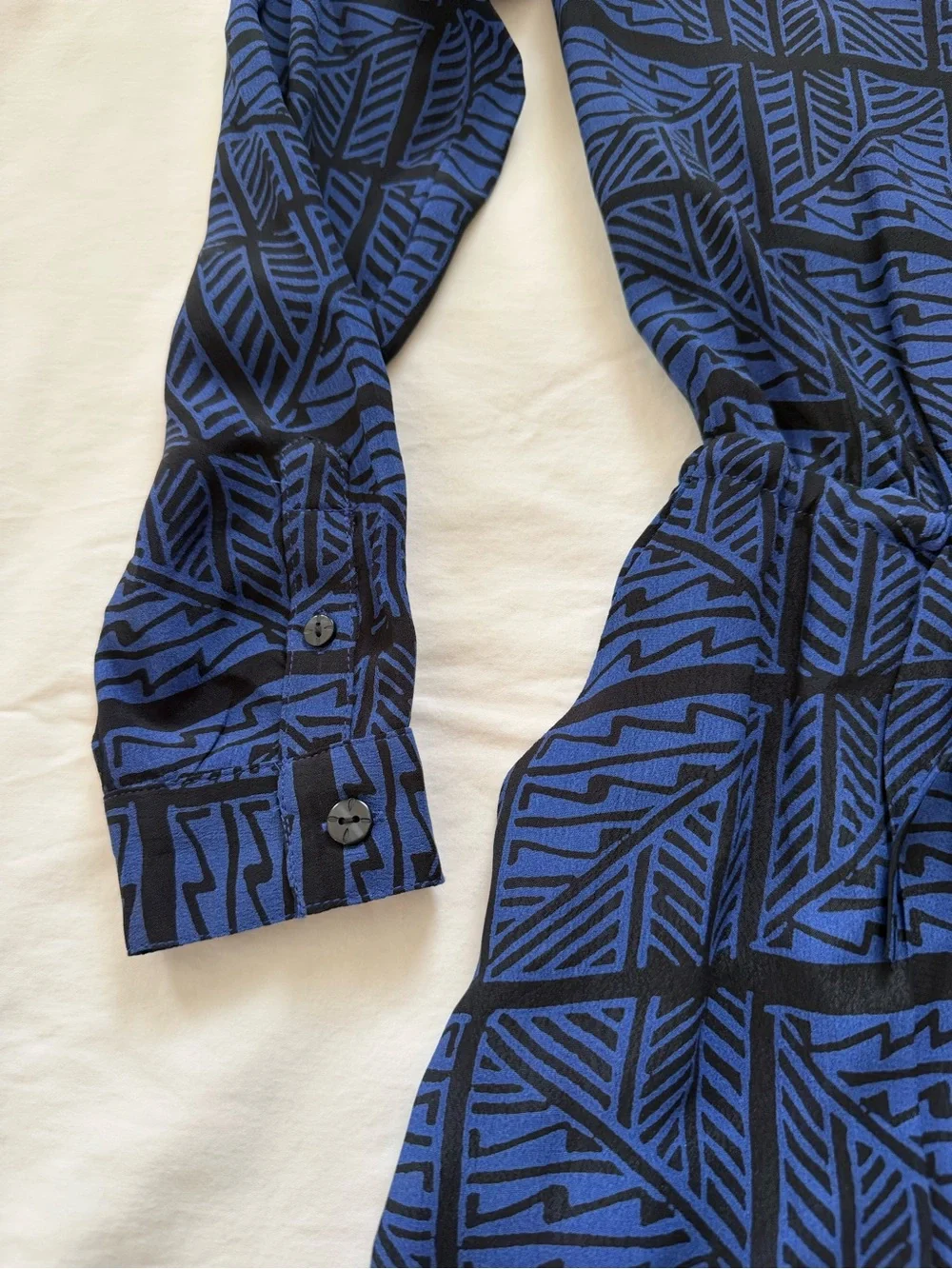 Lucky Brand Blue & Black Geometric Shirt Dress XS Tie Waist Long Sleeve Pockets - Picture 4 of 7